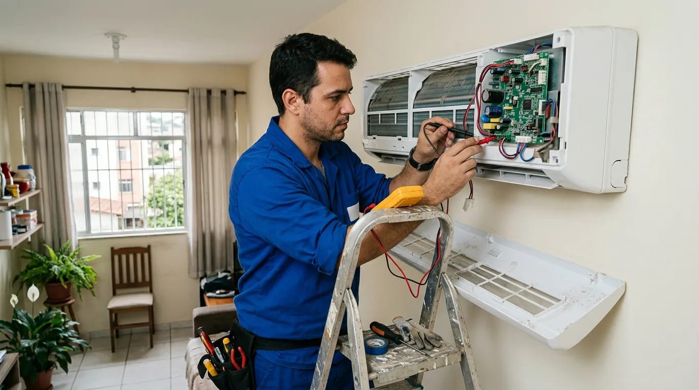 Eletricista ligando a placa do ar-condicionado split em Maceió‑AL